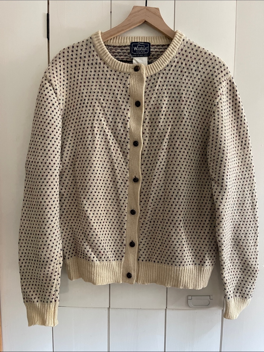 Woolrich Cream Knit Button-Front Cardigan with Dark Dot Pattern